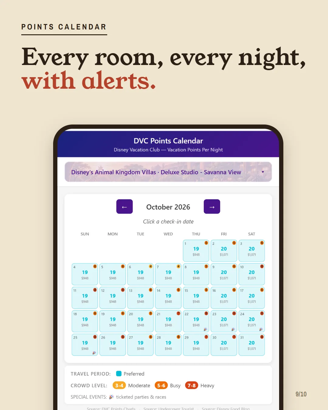 A phone screenshot of the DVC Companion points calendar at Animal Kingdom Villas.