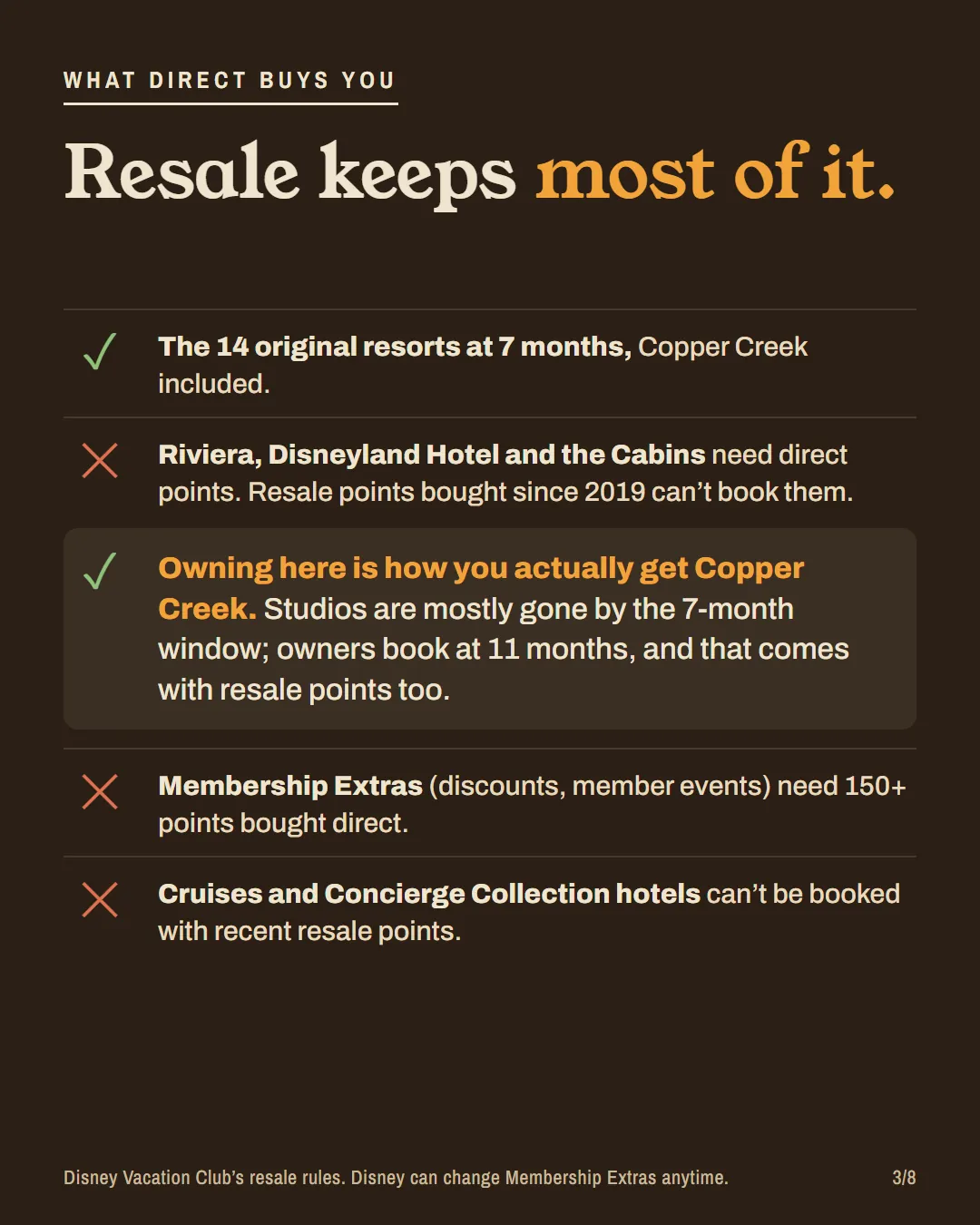 A checklist of what a resale Copper Creek contract keeps and loses compared with buying direct.