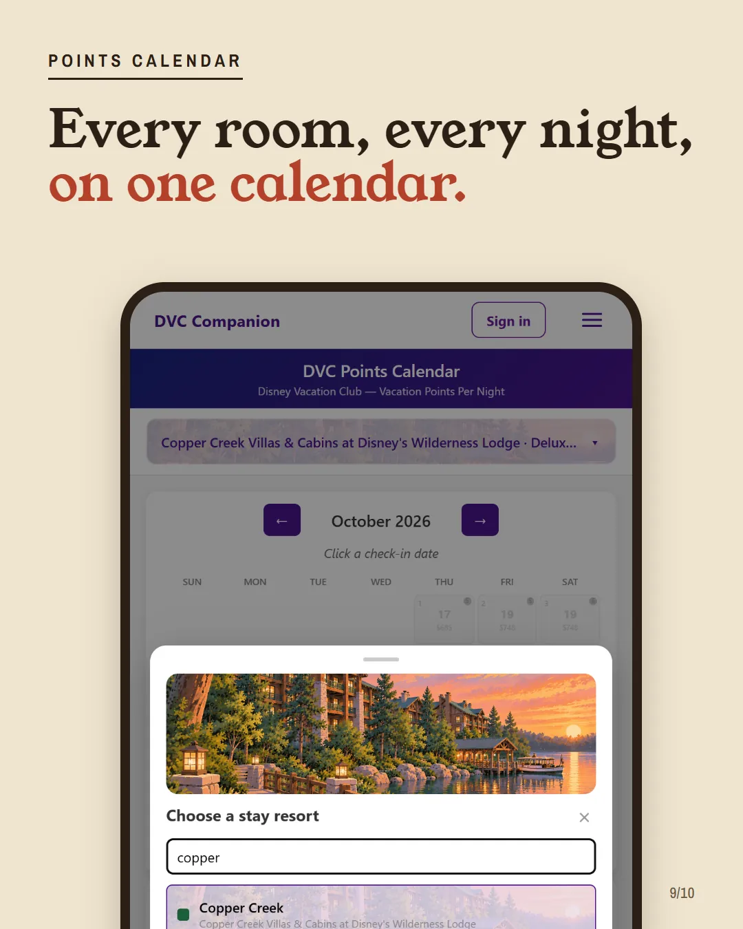 A phone screenshot of the DVC Companion points calendar with the resort search open on Copper Creek.