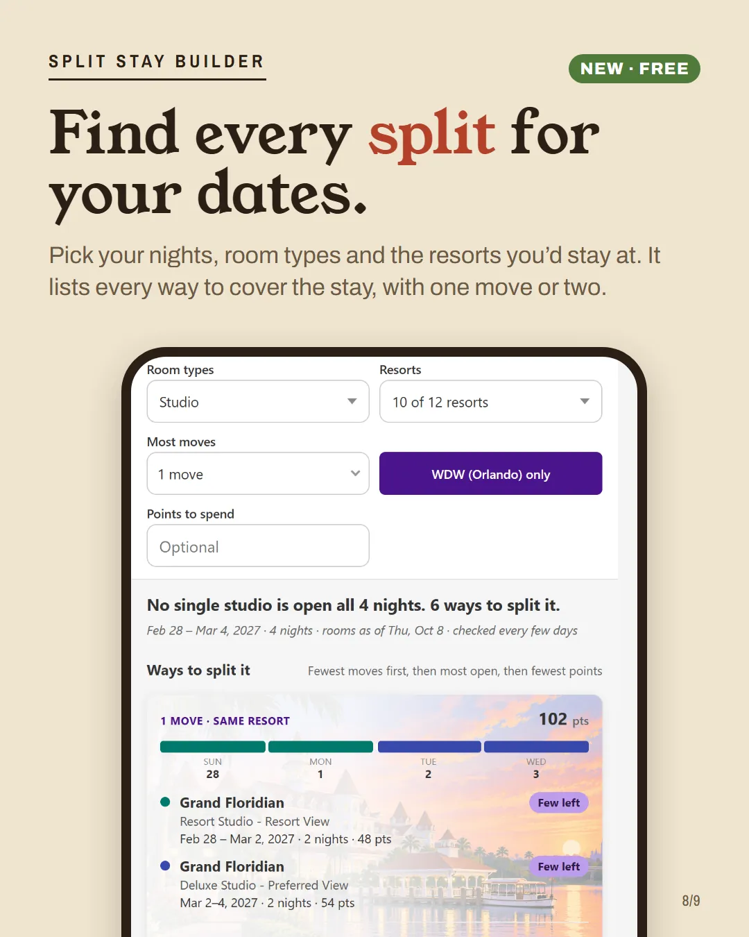 A phone screenshot of the Split Stay Builder showing ways to split a 4-night Grand Floridian stay.