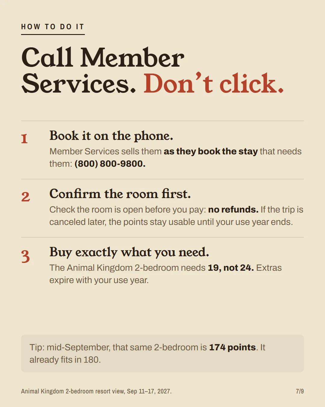 How to do it: book by phone with Member Services, confirm the room first, buy exactly the points you need.