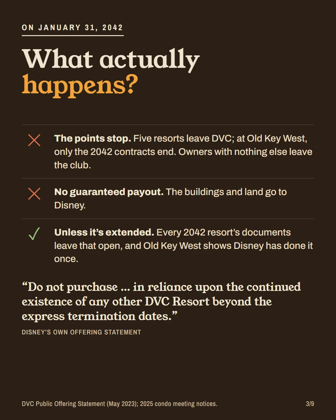 What happens on January 31, 2042: the points stop, no guaranteed payout, unless it's extended; with a quote from Disney's offering statement.