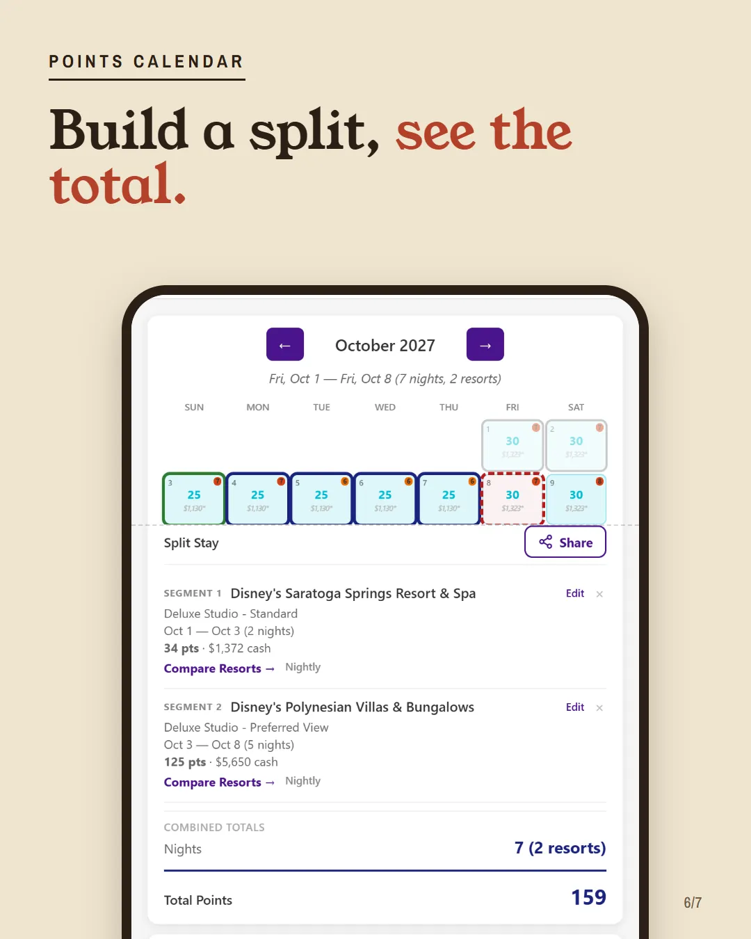 A phone screenshot of a split stay on the DVC Companion points calendar.