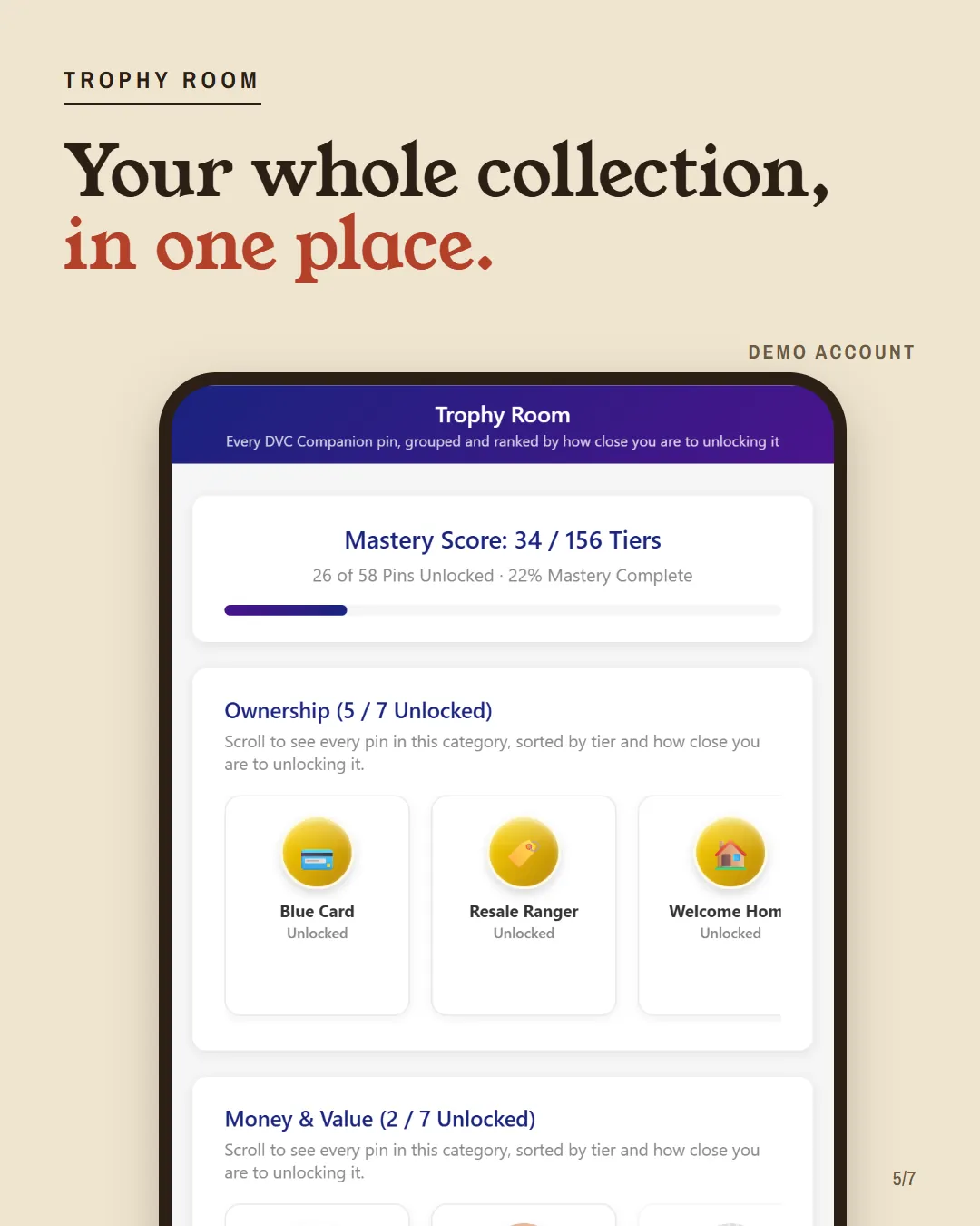 A phone screenshot of the Trophy Room from a demo account.