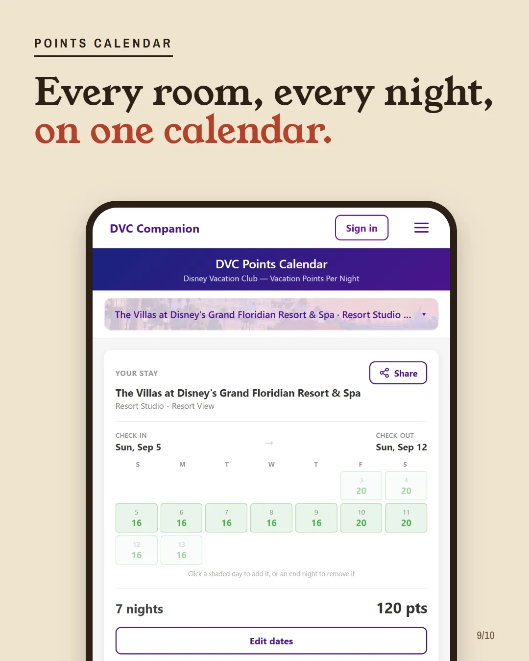 A phone screenshot of the DVC Companion points calendar with the resort search open on Grand Floridian.