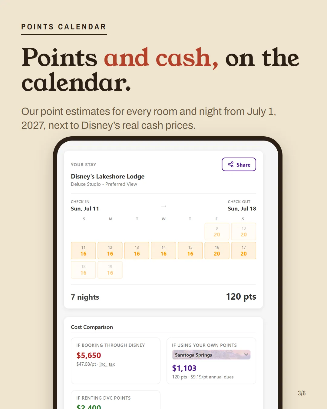 A phone screenshot of the DVC Companion points calendar at Lakeshore Lodge.