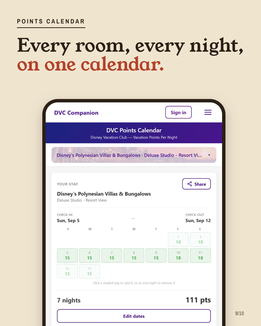 A phone screenshot of the DVC Companion points calendar with the resort search open on Polynesian.