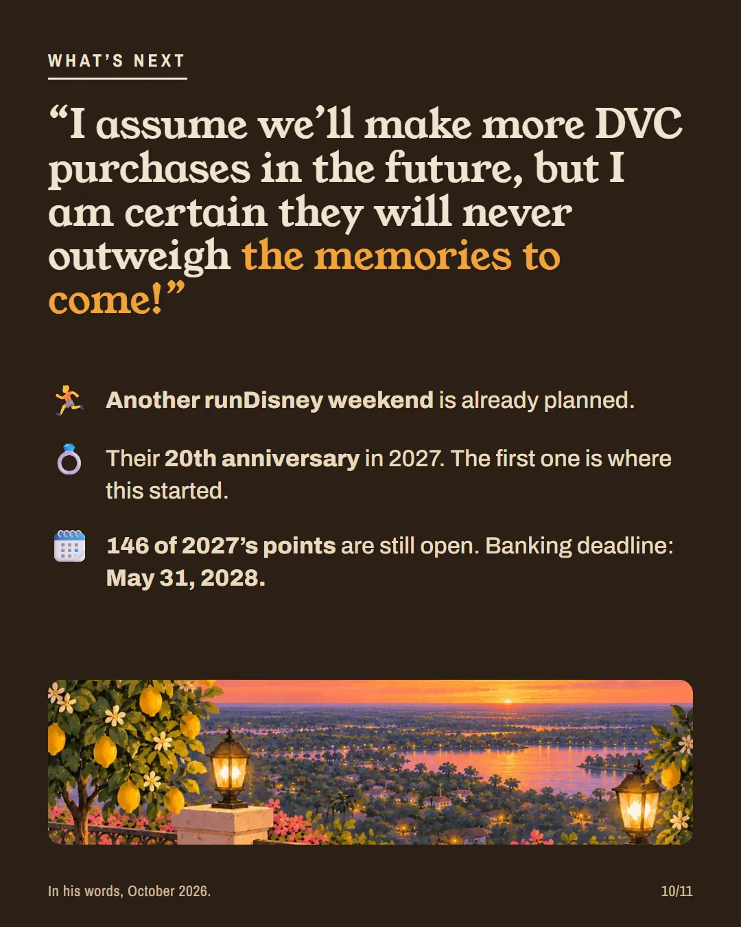 What's next: another runDisney weekend, their 20th anniversary in 2027, and 146 points of 2027 still open.