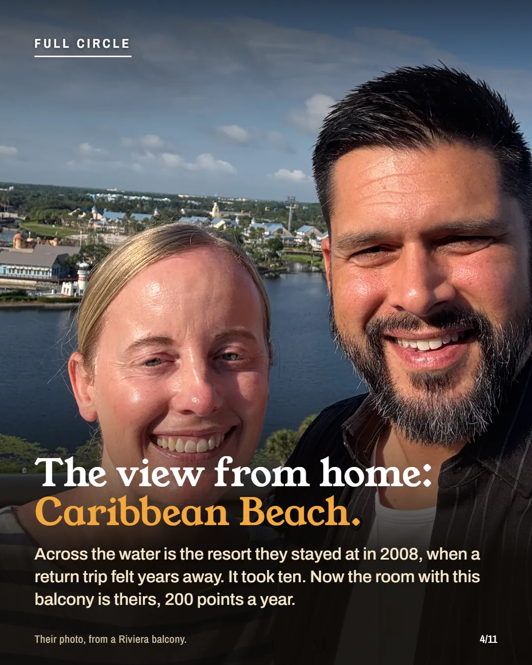 Their photo from a Riviera balcony, looking across the lake to Caribbean Beach.