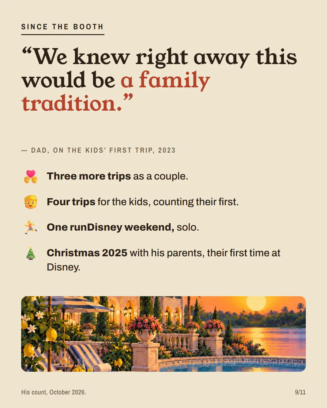 Since 2023: three trips as a couple, four for the kids, a runDisney weekend and Christmas with his parents.