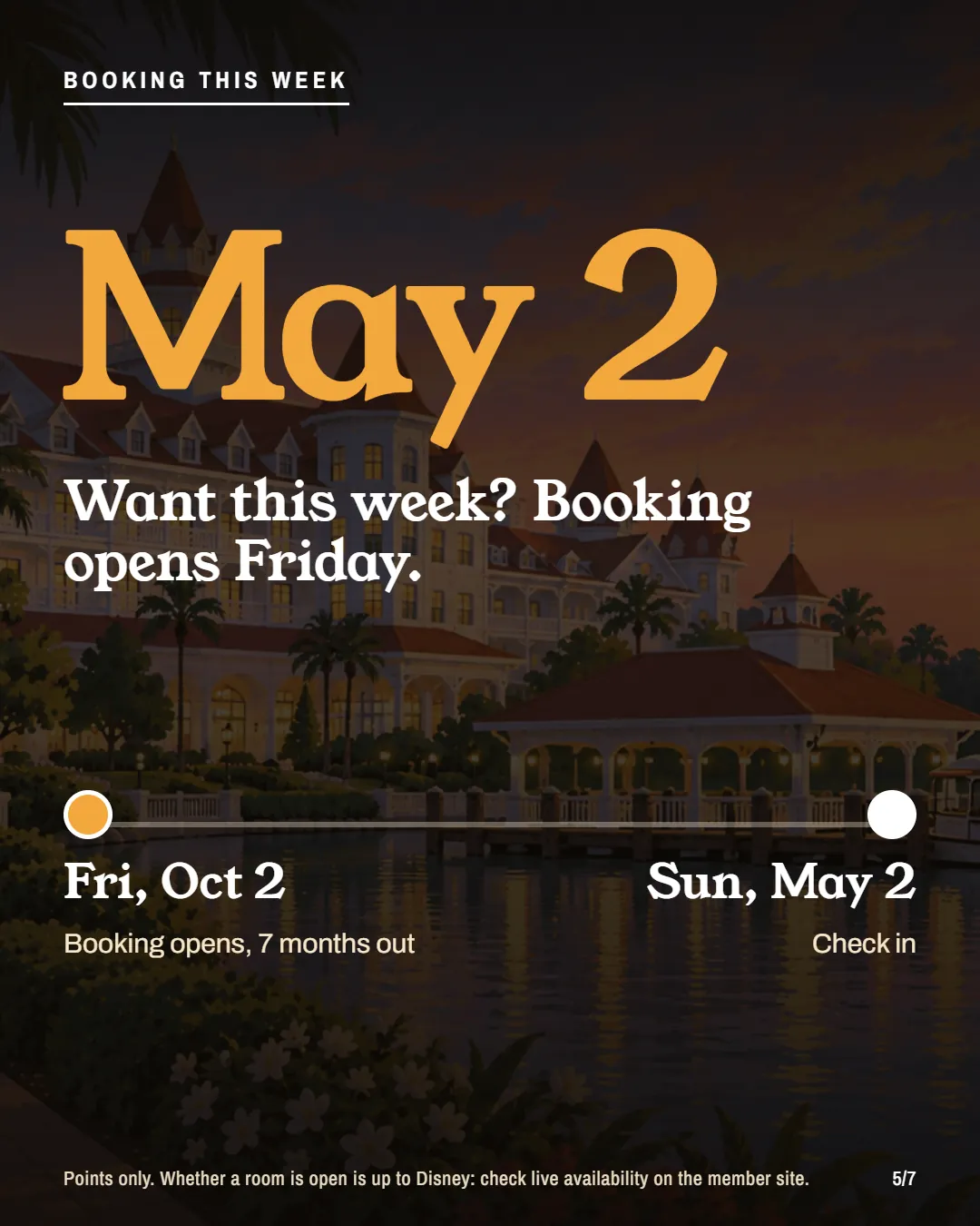 A timeline from the 7-month booking window opening Oct 2 to check-in May 2.