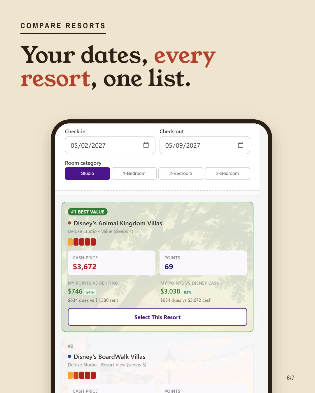 A phone screenshot of DVC Companion's Compare Resorts page.