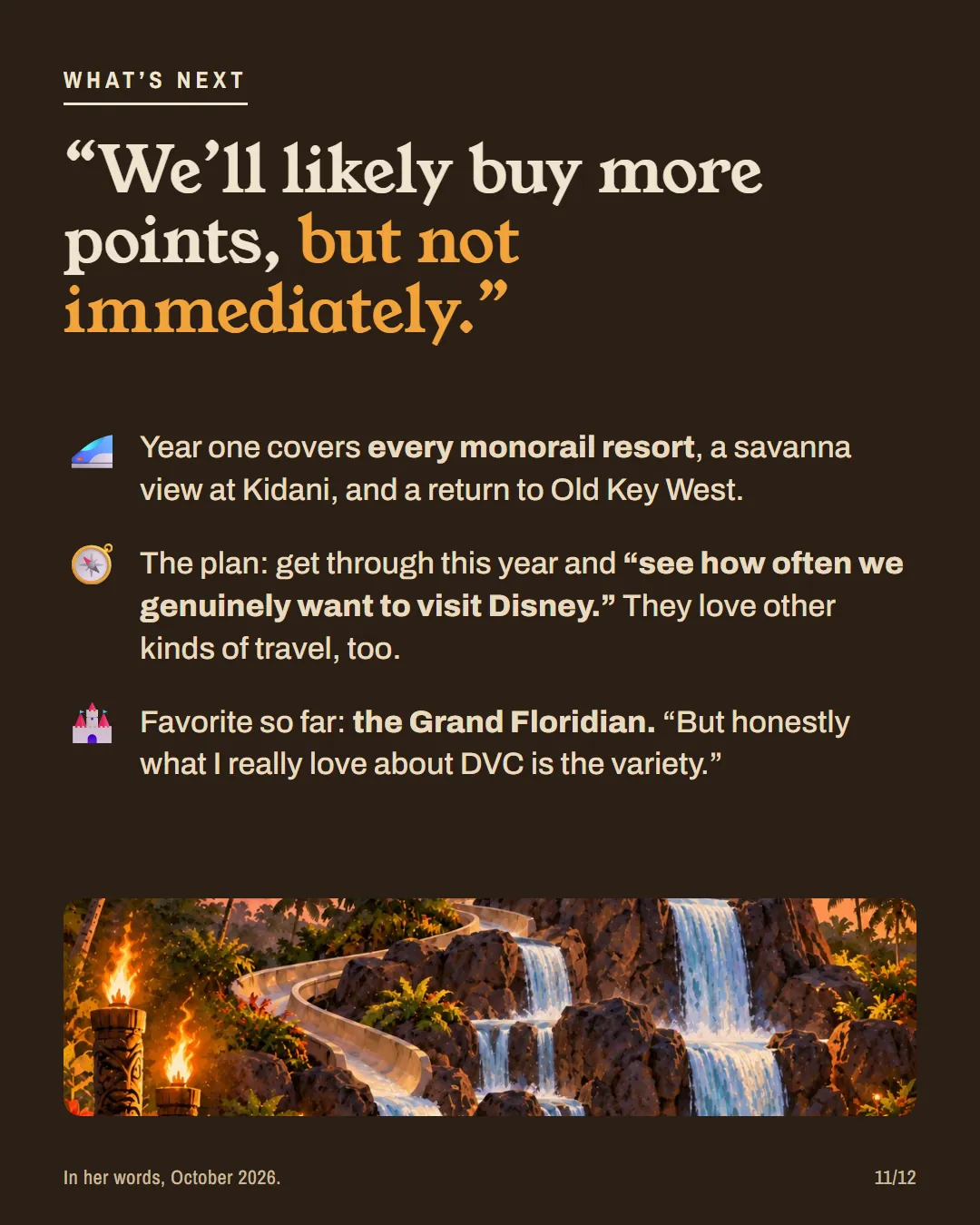 What's next: likely more points, but not immediately; the Grand Floridian is the favorite so far.