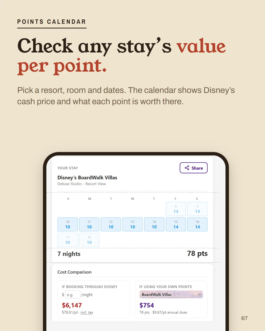 A phone screenshot of the DVC Companion points calendar showing cash price and value per point.