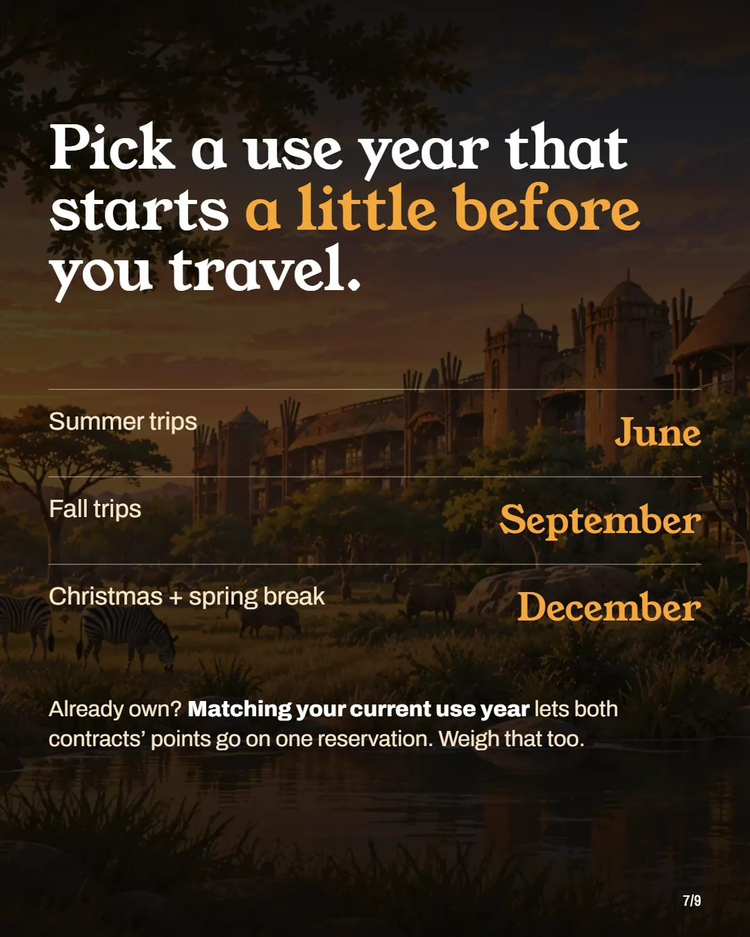 A summary card: summer trips June, fall trips September, Christmas and spring break December.